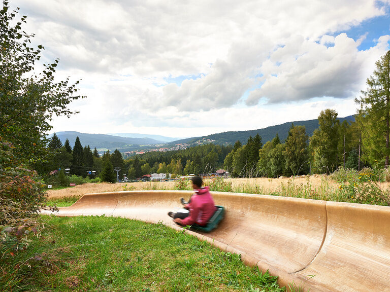 Eine Person fährt mit hoher Geschwindigkeit in eine steile Kurve auf einer Rodelbahn.