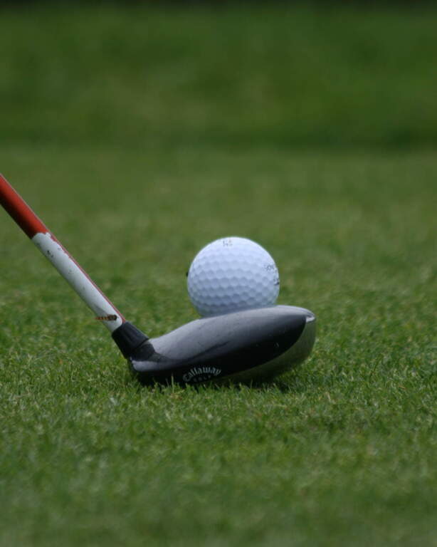 Ein Golfball liegt auf dem grünen Rasen eines Golfplatzes im Bayerischen Wald.